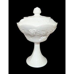 Vintage Indiana Glass Grape Pattern White Milk Glass Compote With‎ Lid